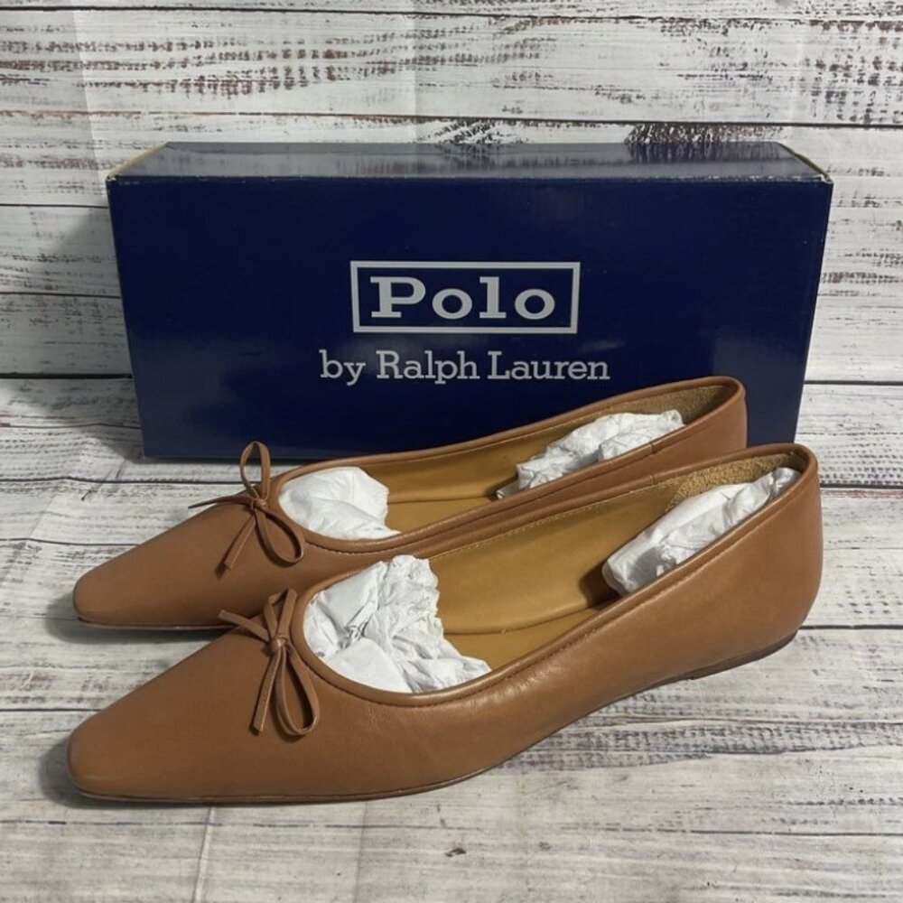 Polo by Ralph Lauren Brown Leather Bow Detail Almond Toe Ballet Flat Women 10